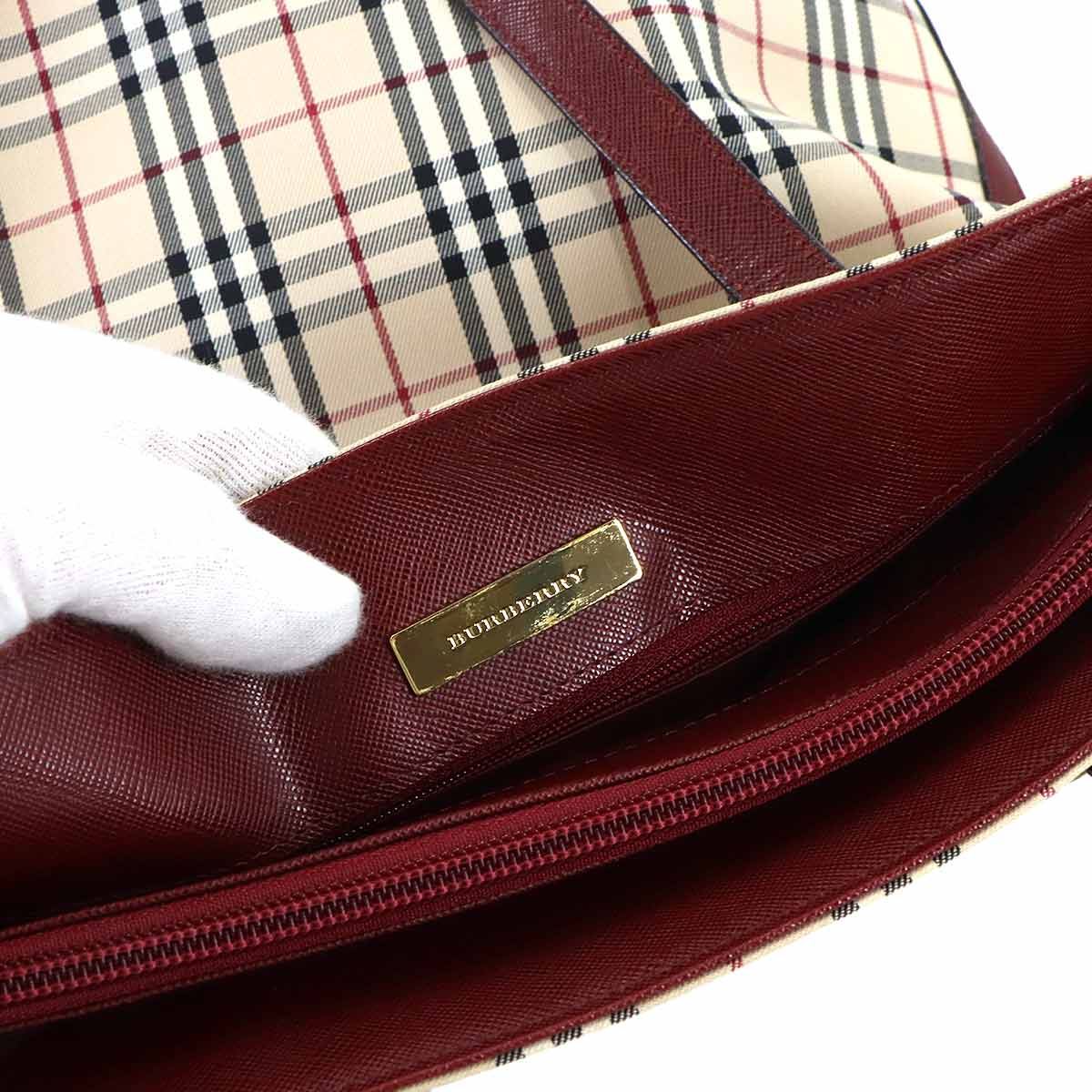 Plaid Tote Bag Canvas Leather Beige Bordeaux Purse