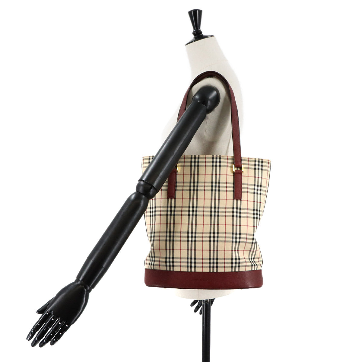 Plaid Tote Bag Canvas Leather Beige Bordeaux Purse