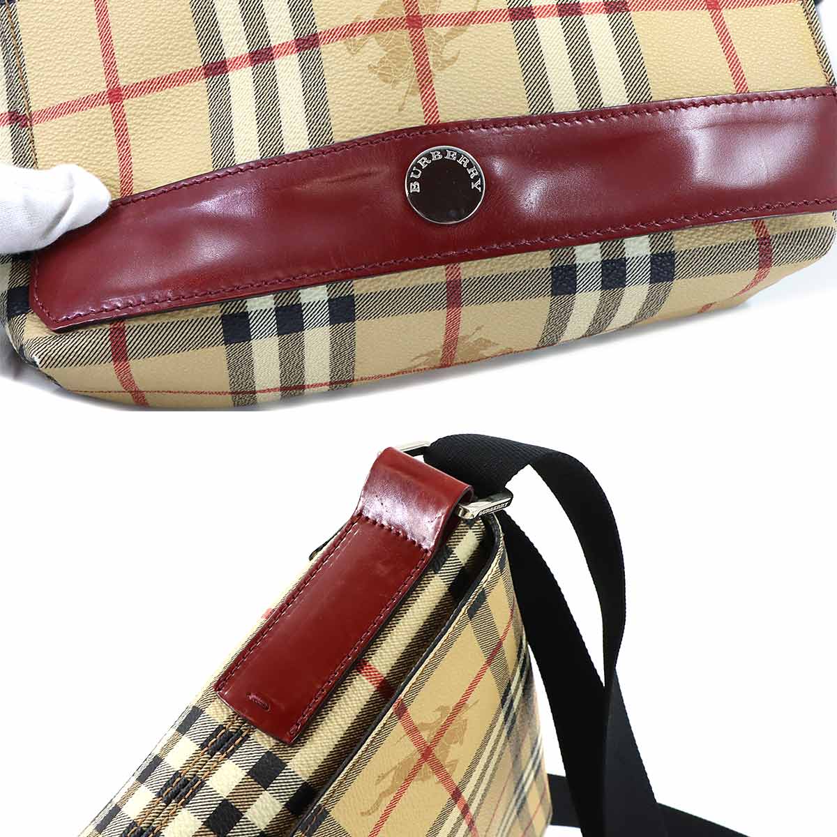 Plaid Shoulder Bag PVC Leather Beige Bordeaux Purse