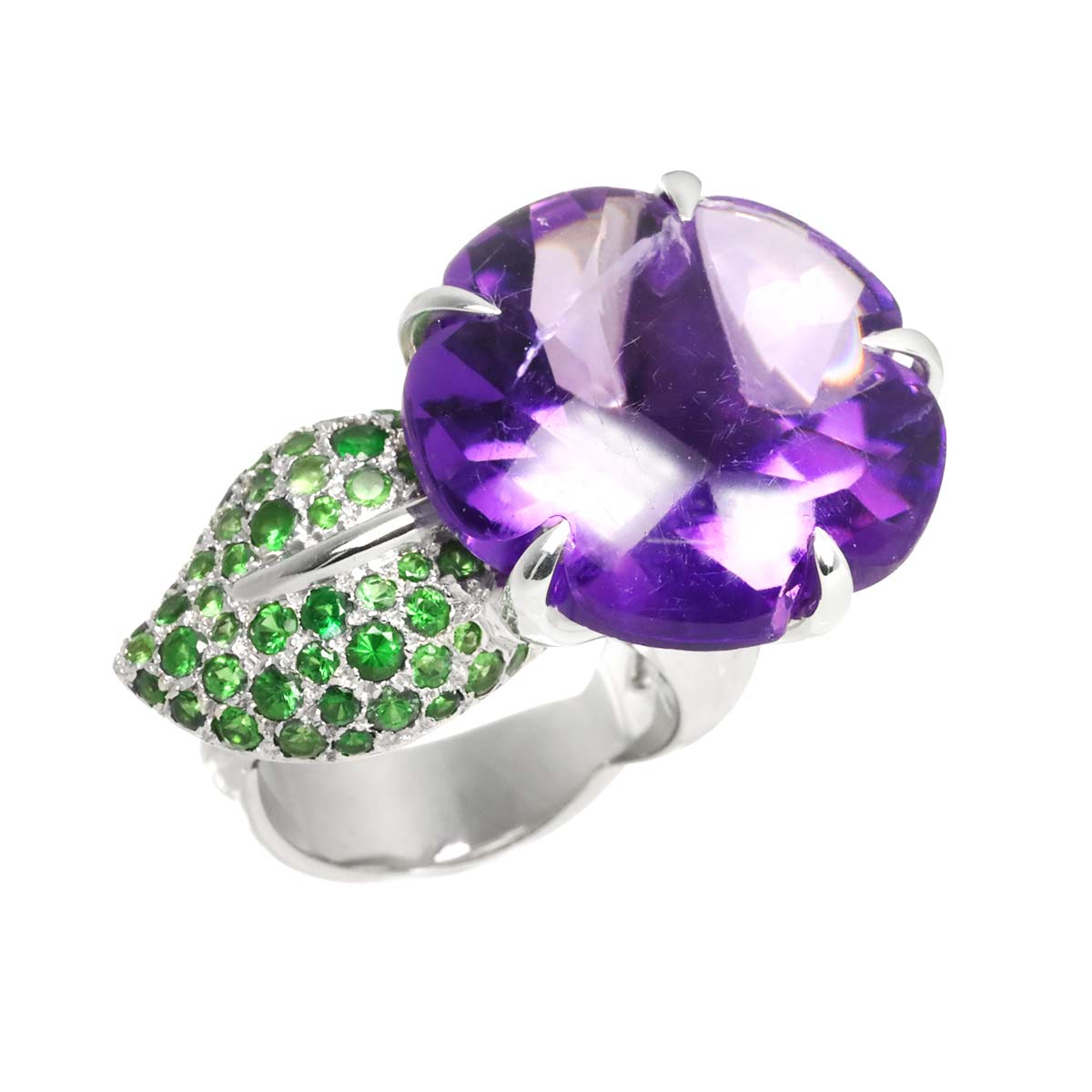 Camellia Amethyst Garnet Ring 18K WG 750 Size6.5-6.75(US)