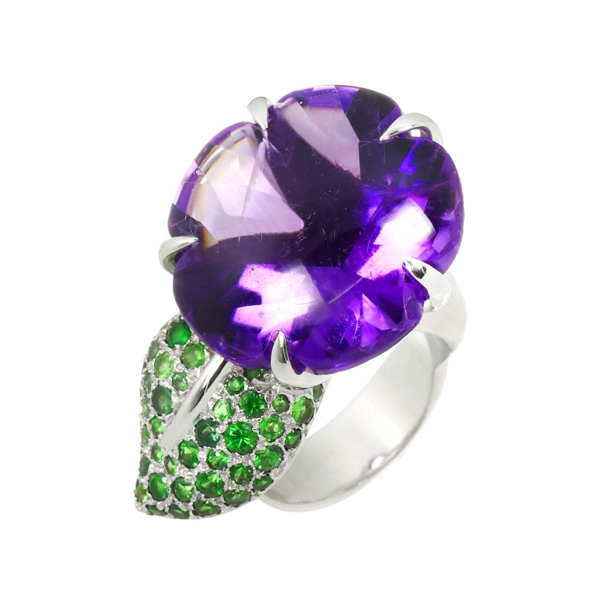 Camellia Amethyst Garnet Ring 18K WG 750 Size6.5-6.75(US)