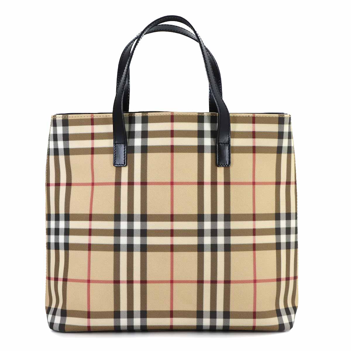Plaid Tote Bag PVC Leather Beige Black Purse