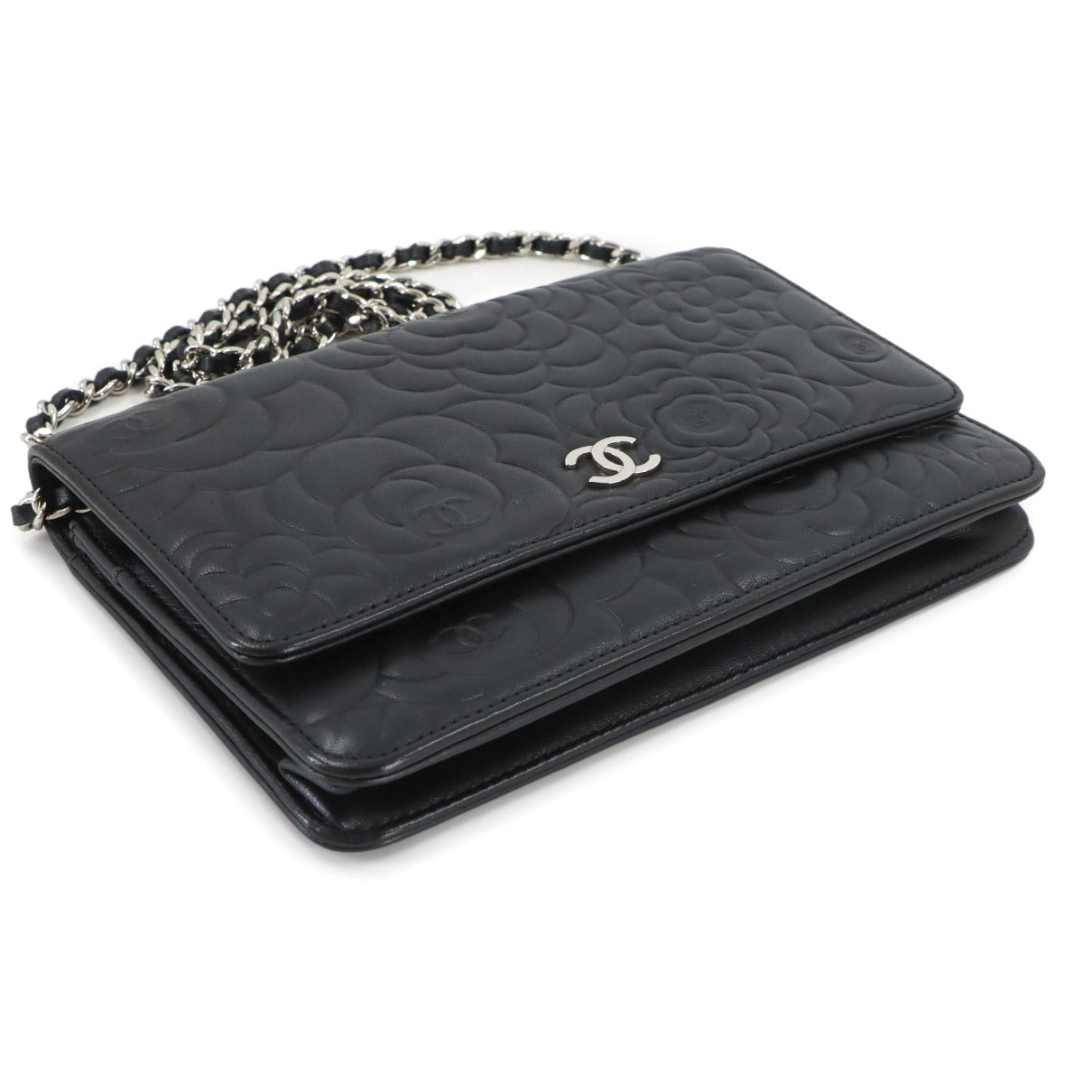 Camellia Chain Wallet Leather Black A47421 Purse CC Logos