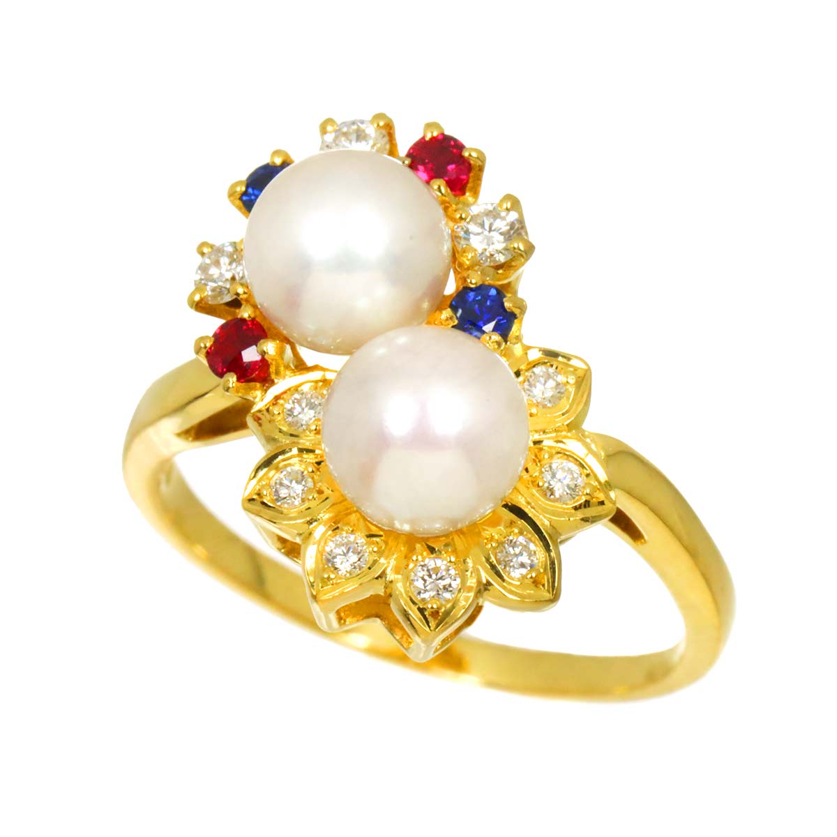 Akoya Pearl Diamond Sapphire Ruby Ring 18K YG 750 size5.25(US)