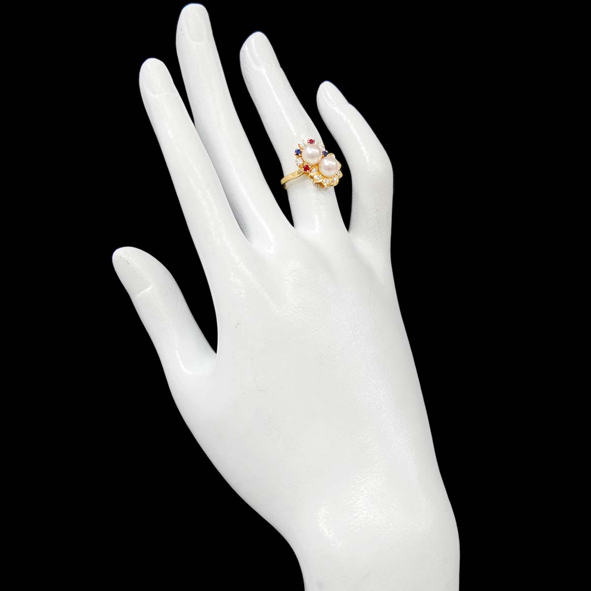 Akoya Pearl Diamond Sapphire Ruby Ring 18K YG 750 size5.25(US)
