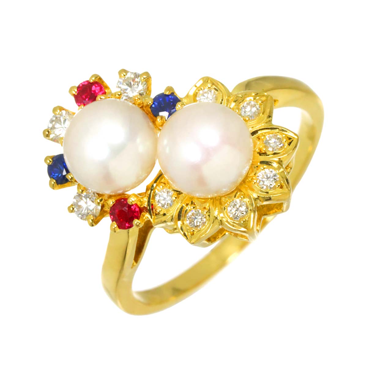 Akoya Pearl Diamond Sapphire Ruby Ring 18K YG 750 size5.25(US)