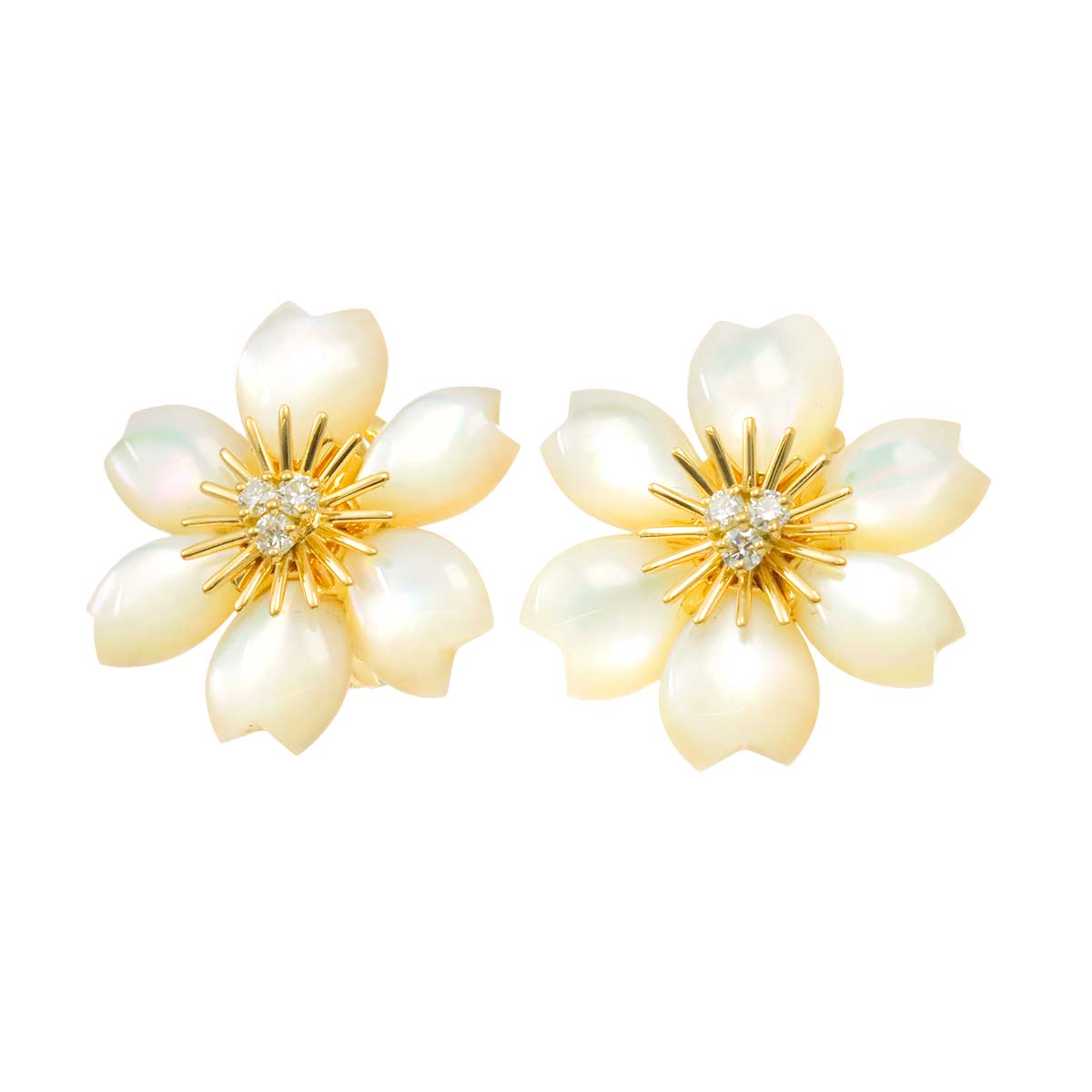 MOP Diamond Flower Mini Earrings Pierced 18K YG 750