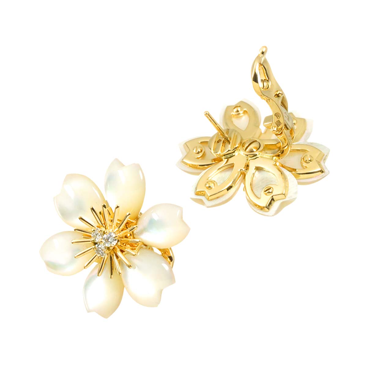 MOP Diamond Flower Mini Earrings Pierced 18K YG 750