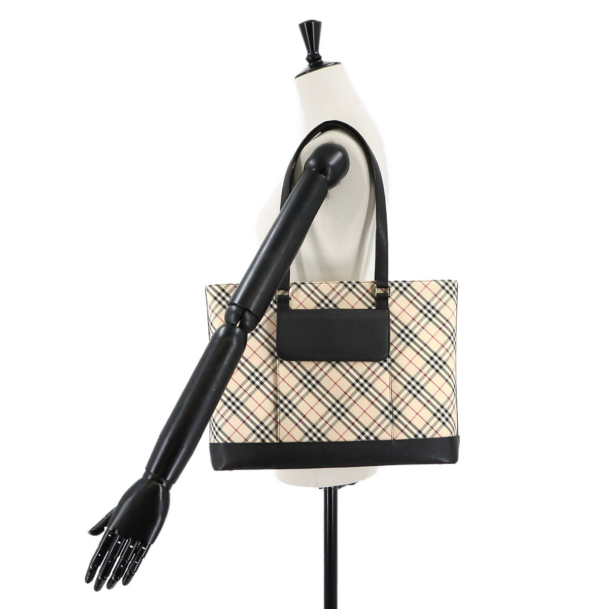 Plaid Tote Bag Canvas Leather Beige Black Purse