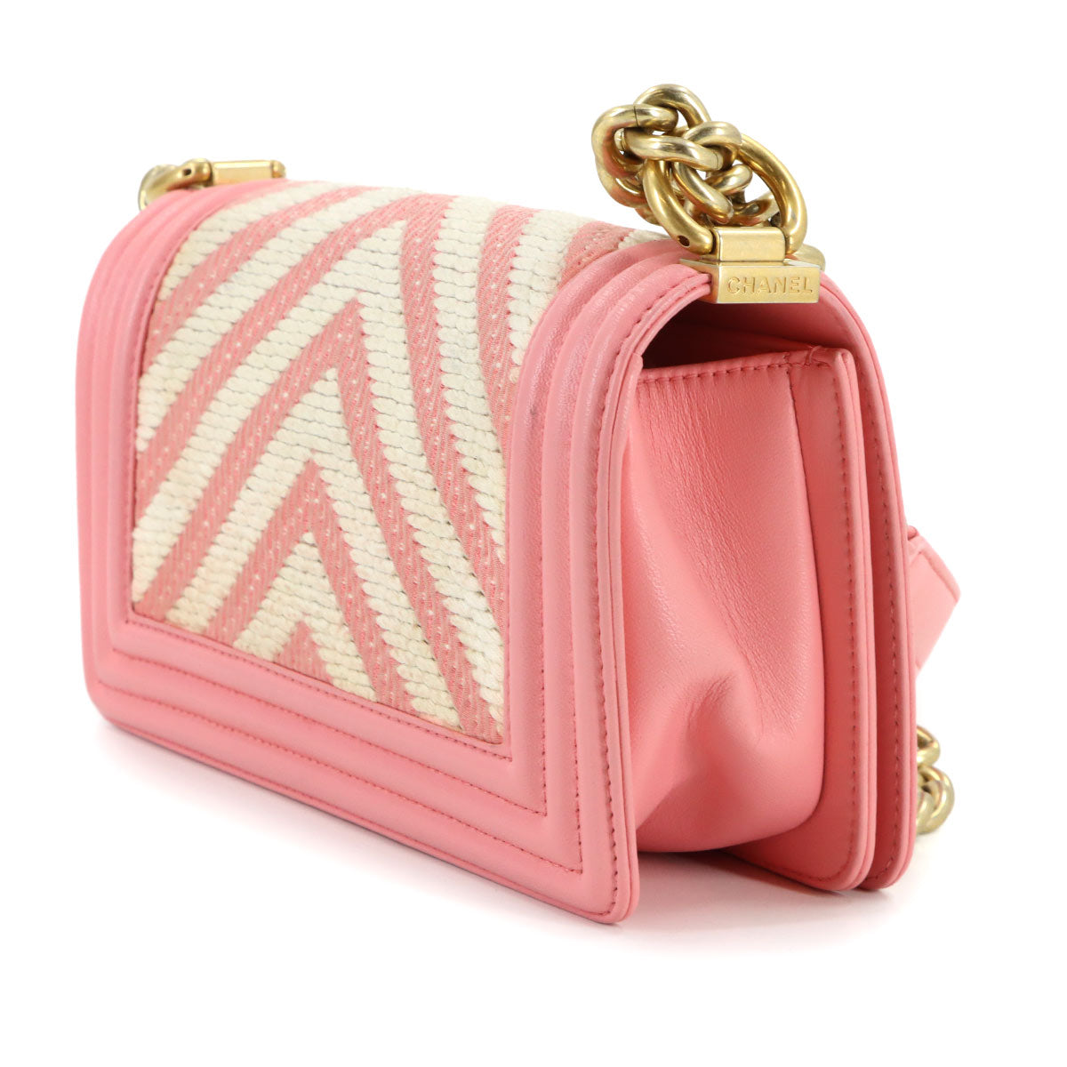 CHANEL BOY CHANEL Small Chain Shoulder Bag Leather Pink A67085 Chevron