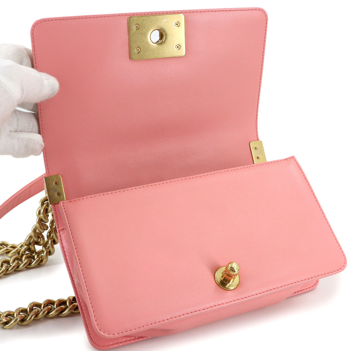 CHANEL BOY CHANEL Small Chain Shoulder Bag Leather Pink A67085 Chevron
