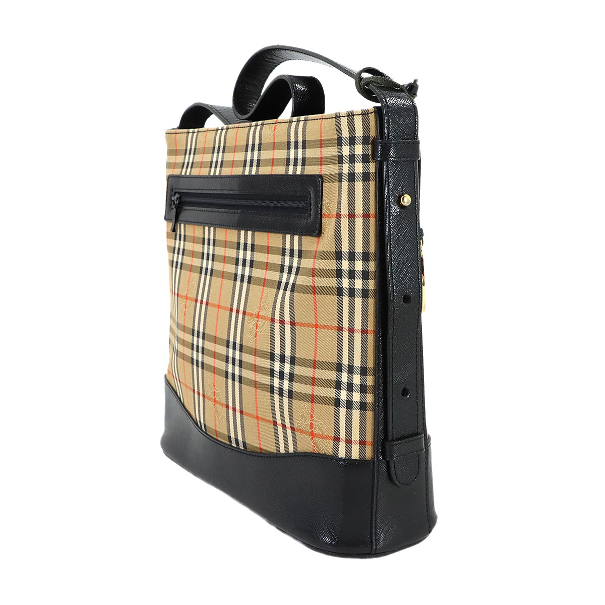Shoulder Bag Canvas Leather Beige Black Plaid Purse