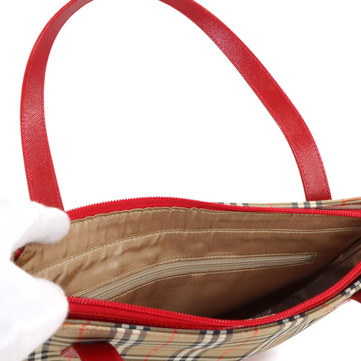 Hand Bag Canvas Leather Beige Red Purse