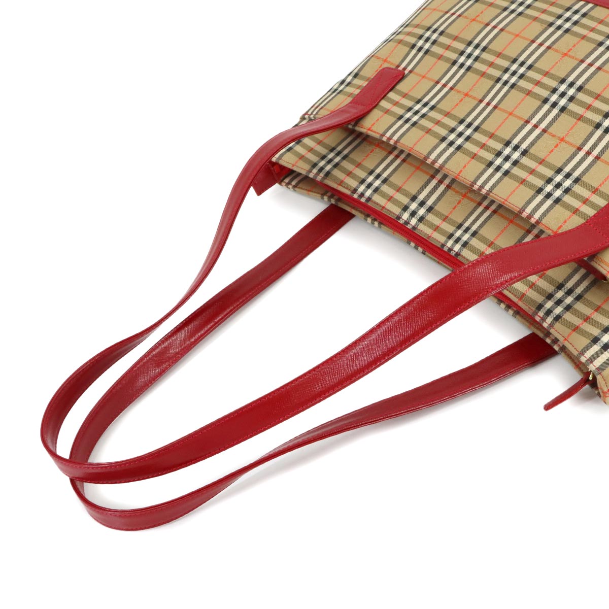 Plaid Tote Bag Canvas Leather Brown Red Haymarket
