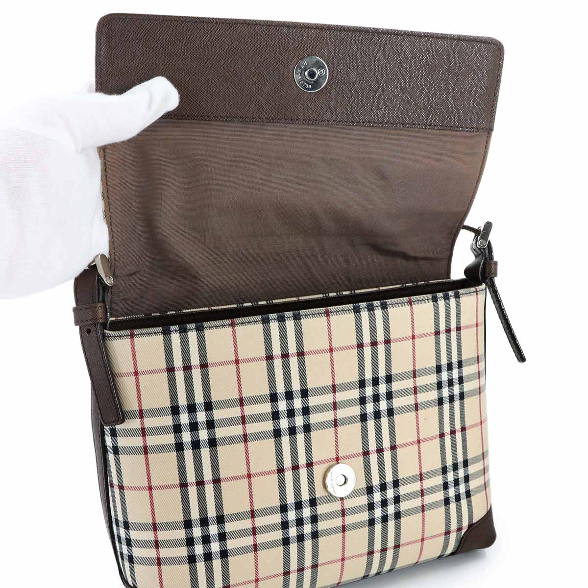 Shoulder Bag Canvas Leather Beige Brown Plaid Purse