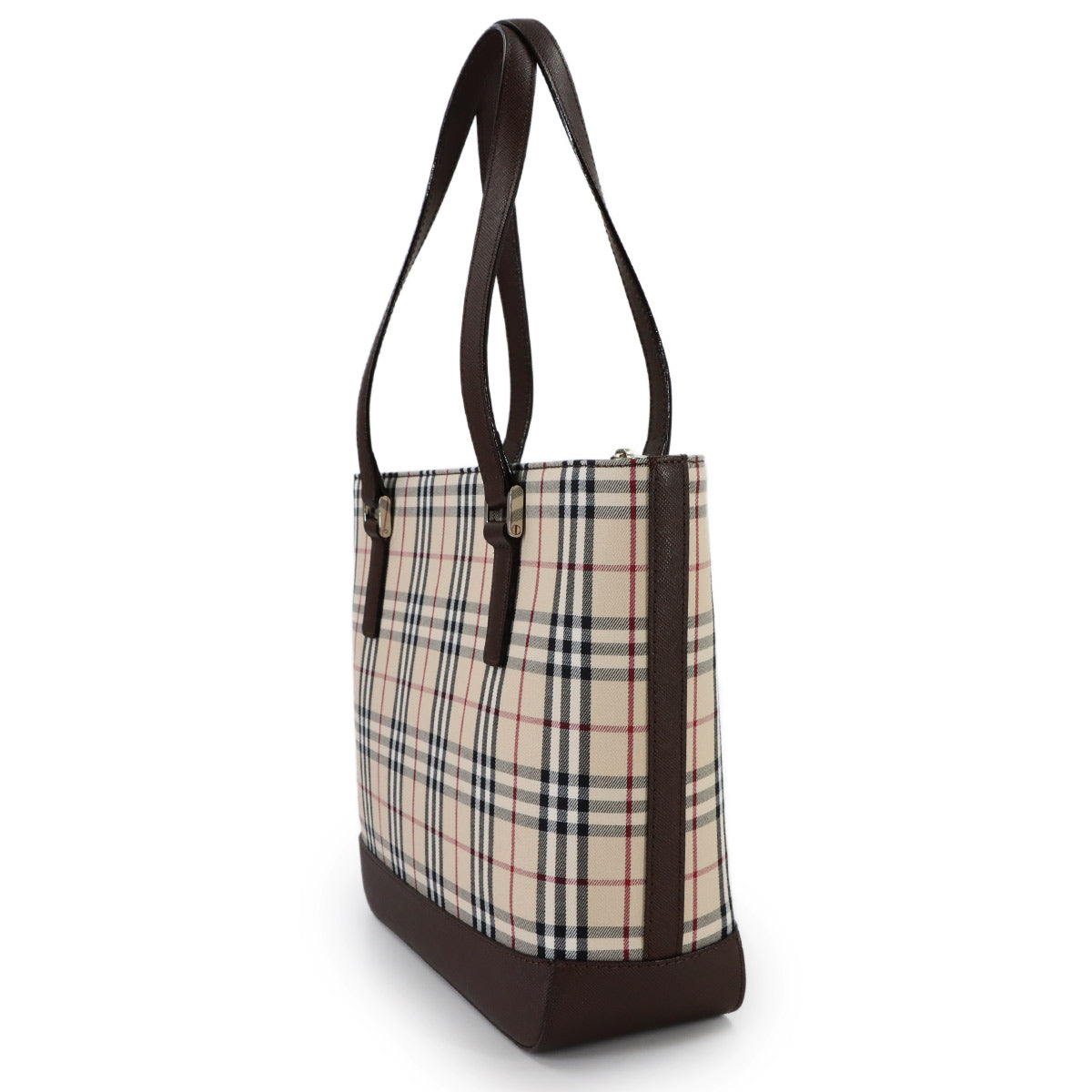 Plaid Hand Bag Canvas Leather Beige Brown Purse