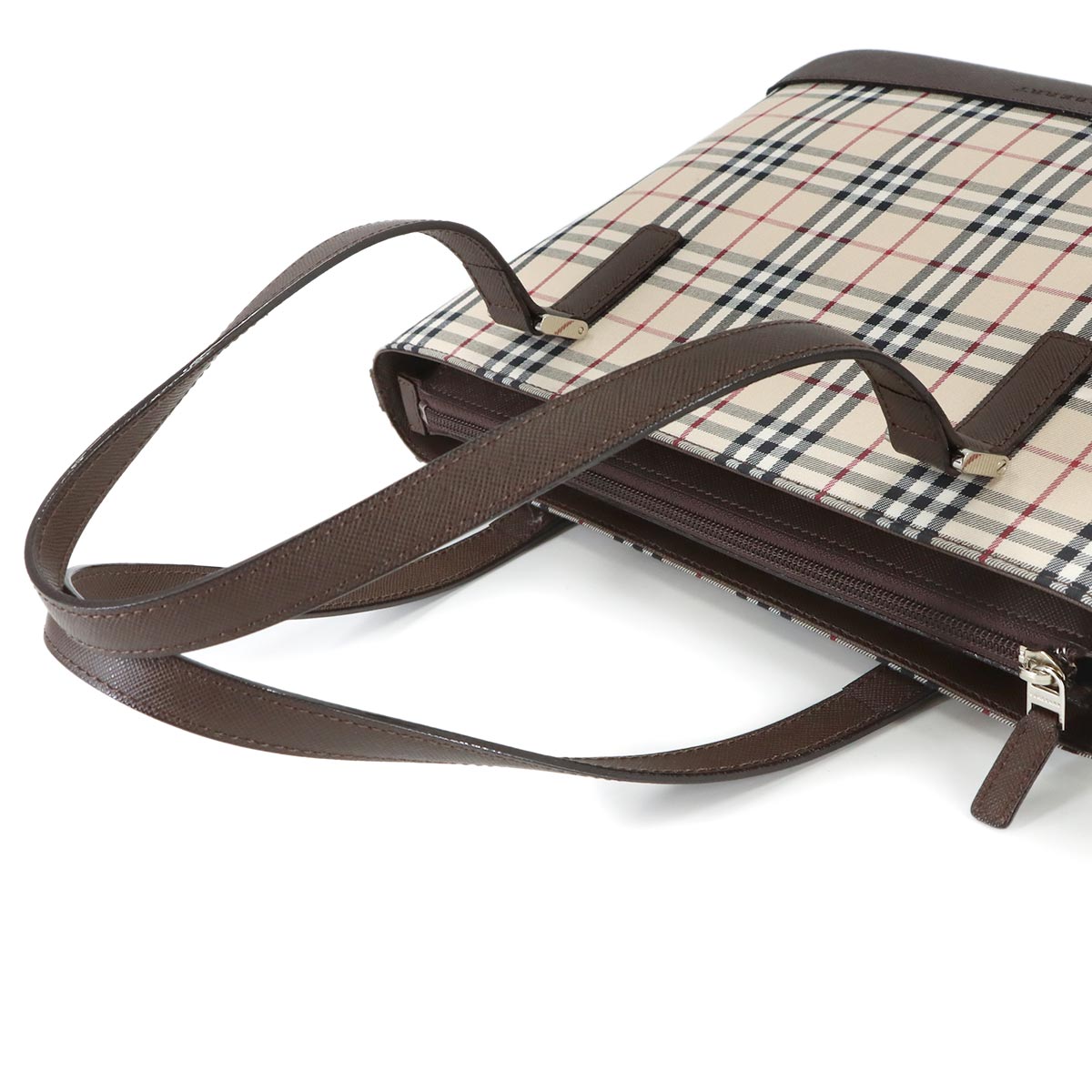 Plaid Hand Bag Canvas Leather Beige Brown Purse