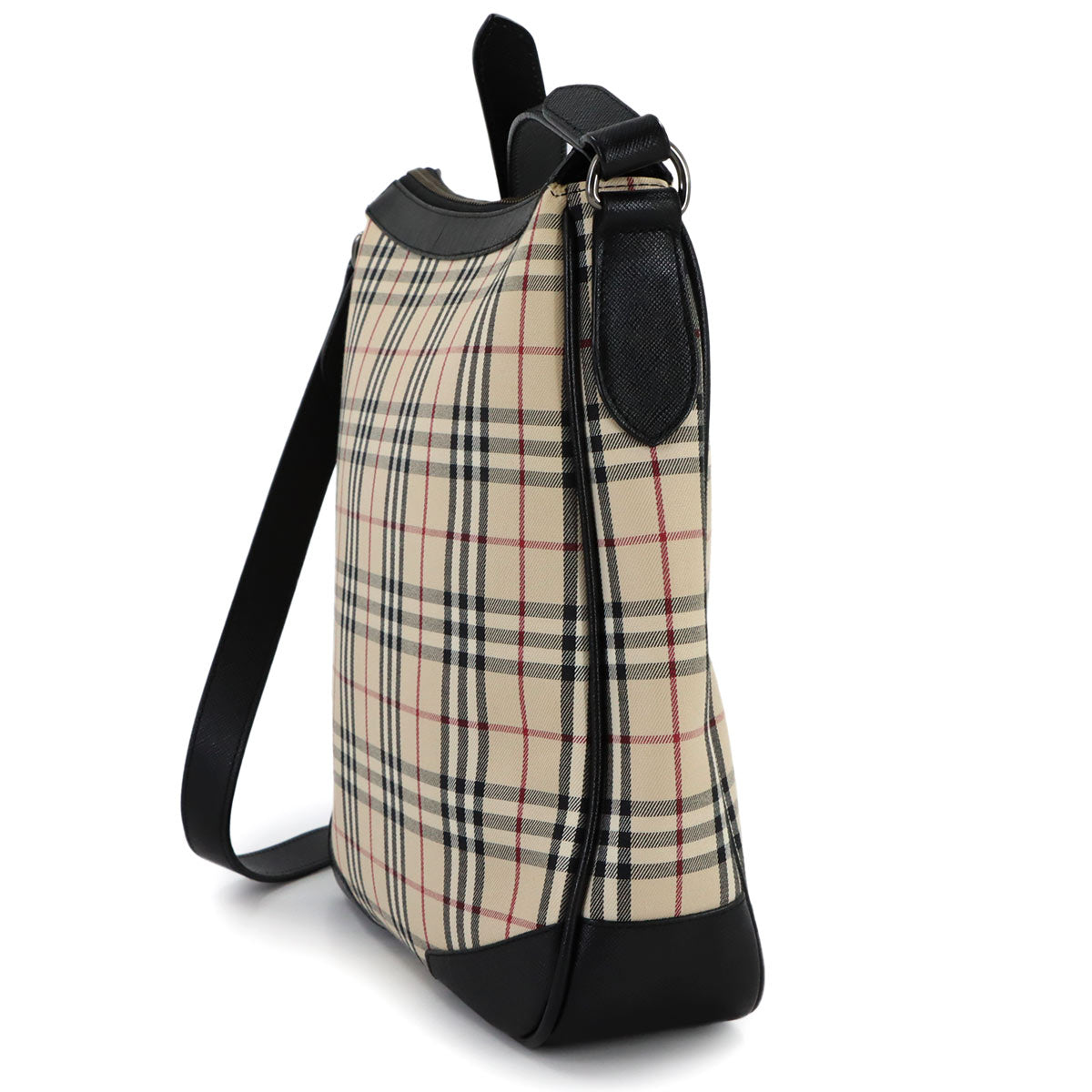 Plaid Shoulder Bag Canvas Leather Beige Black Purse
