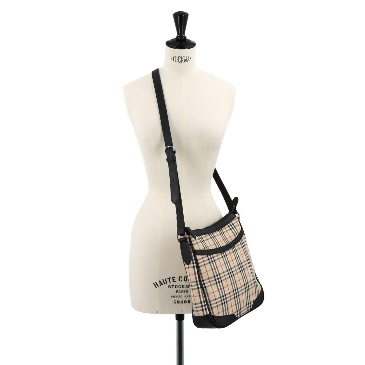 Plaid Shoulder Bag Canvas Leather Beige Black Purse