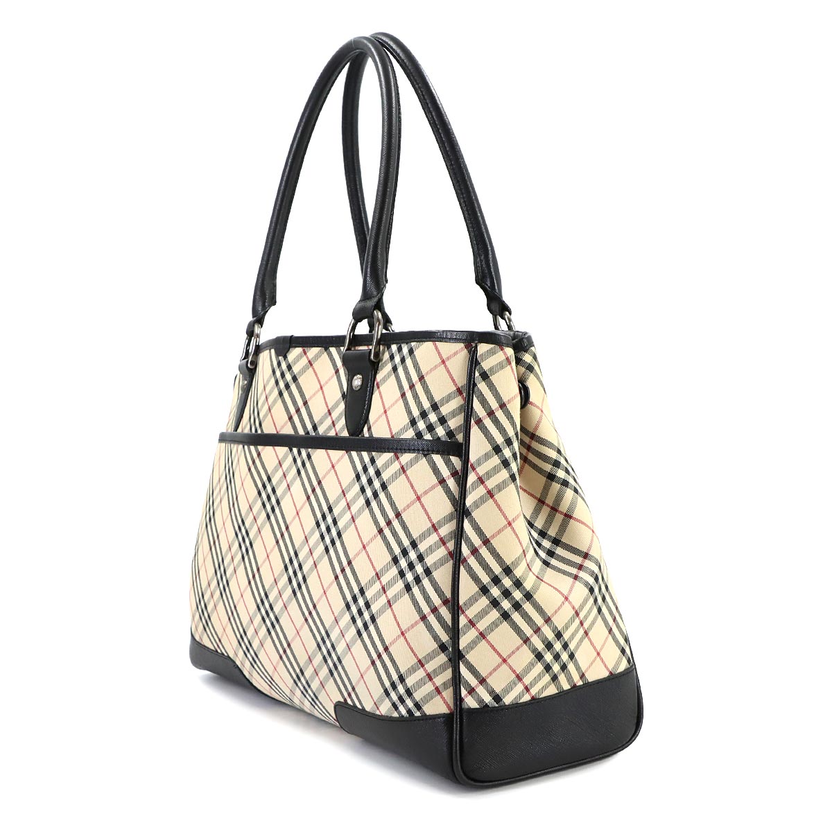 Plaid Tote Bag Canvas Leather Beige Black Purse