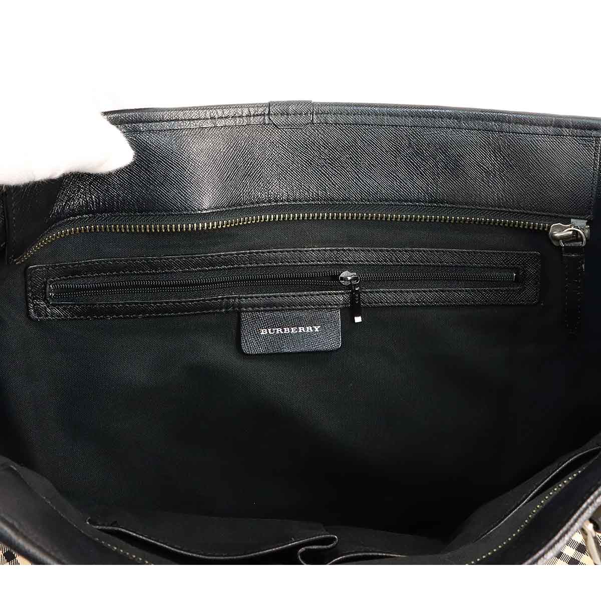 Plaid Tote Bag Canvas Leather Beige Black Purse