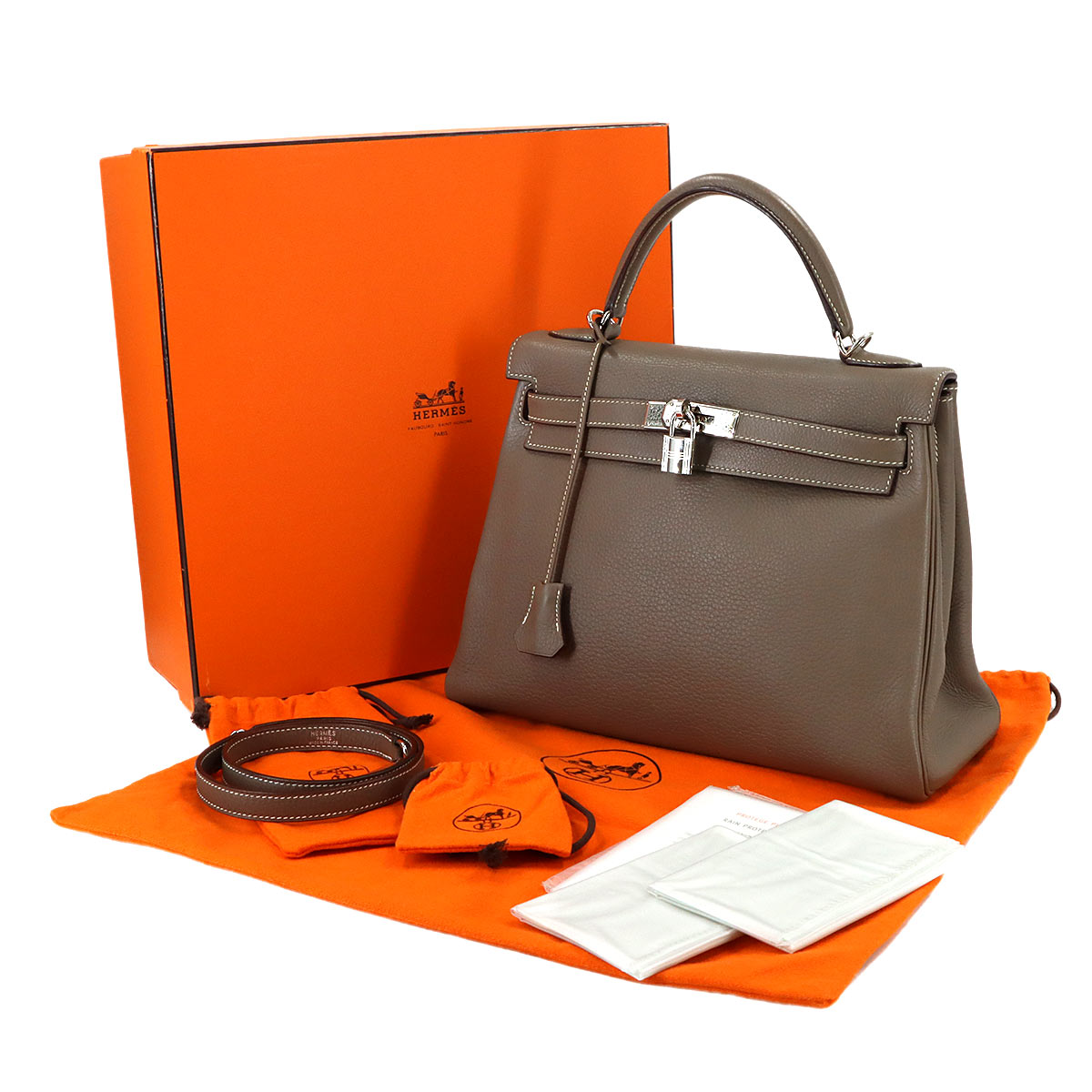 Kelly 32 Taurillon Clemence Etoupe 2way Hand Shoulder Bag