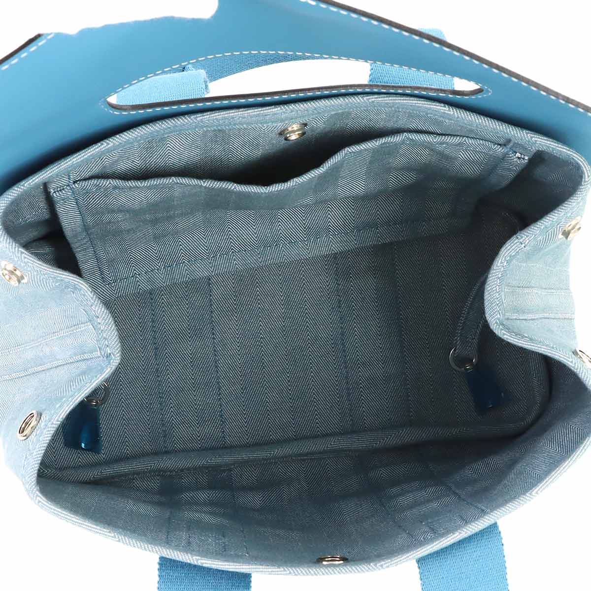 Valparaiso PM Hand Bag Toile Chevron Leather Blue jean Purse