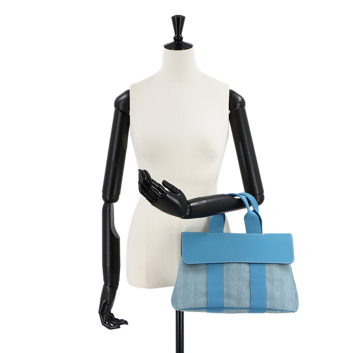 Valparaiso PM Hand Bag Toile Chevron Leather Blue jean Purse