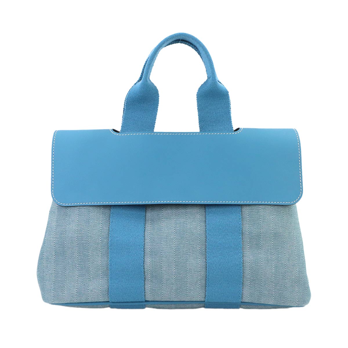 Valparaiso PM Hand Bag Toile Chevron Leather Blue jean Purse