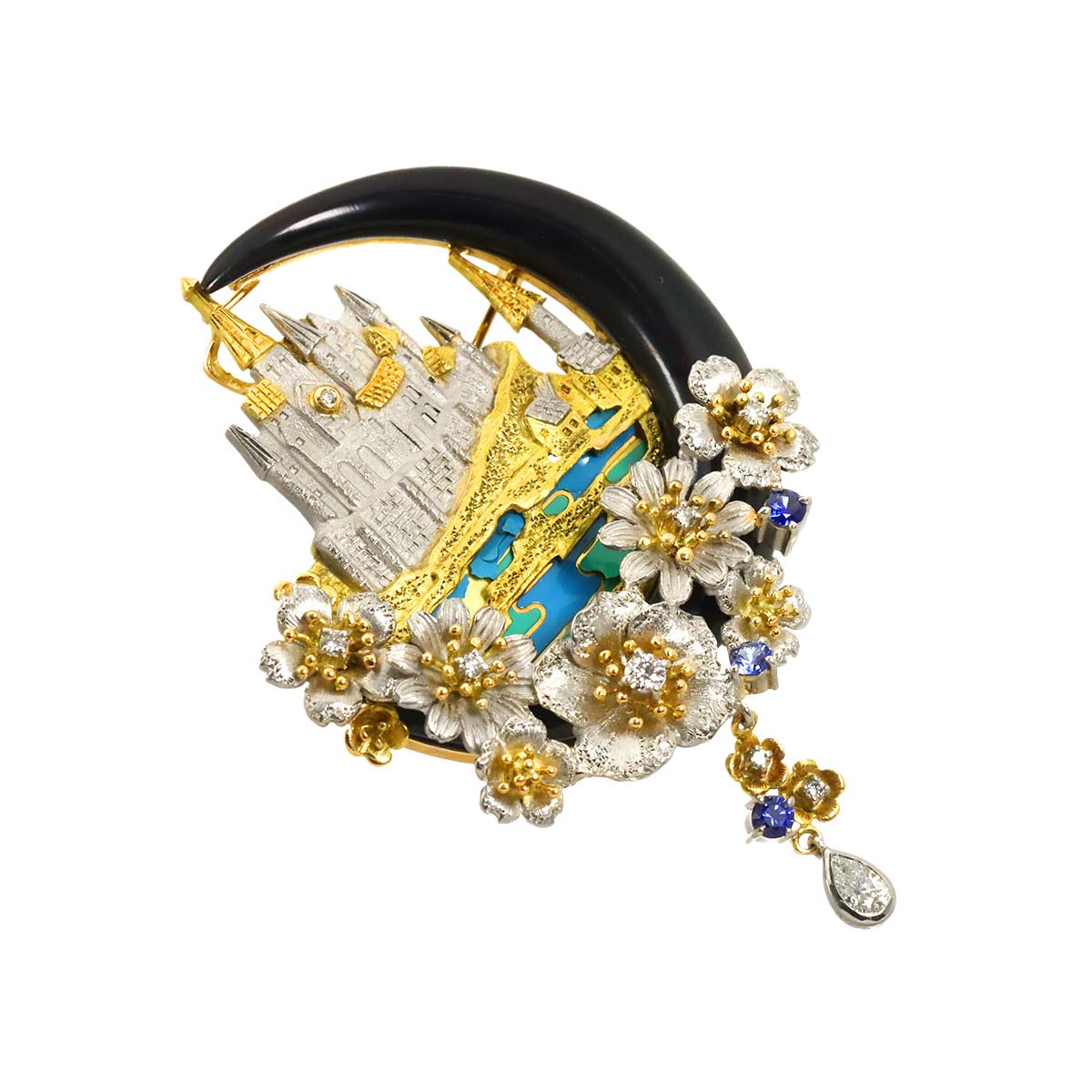 as Time Diamond Sapphire Onyx Brooch 18K YG 750 Pt