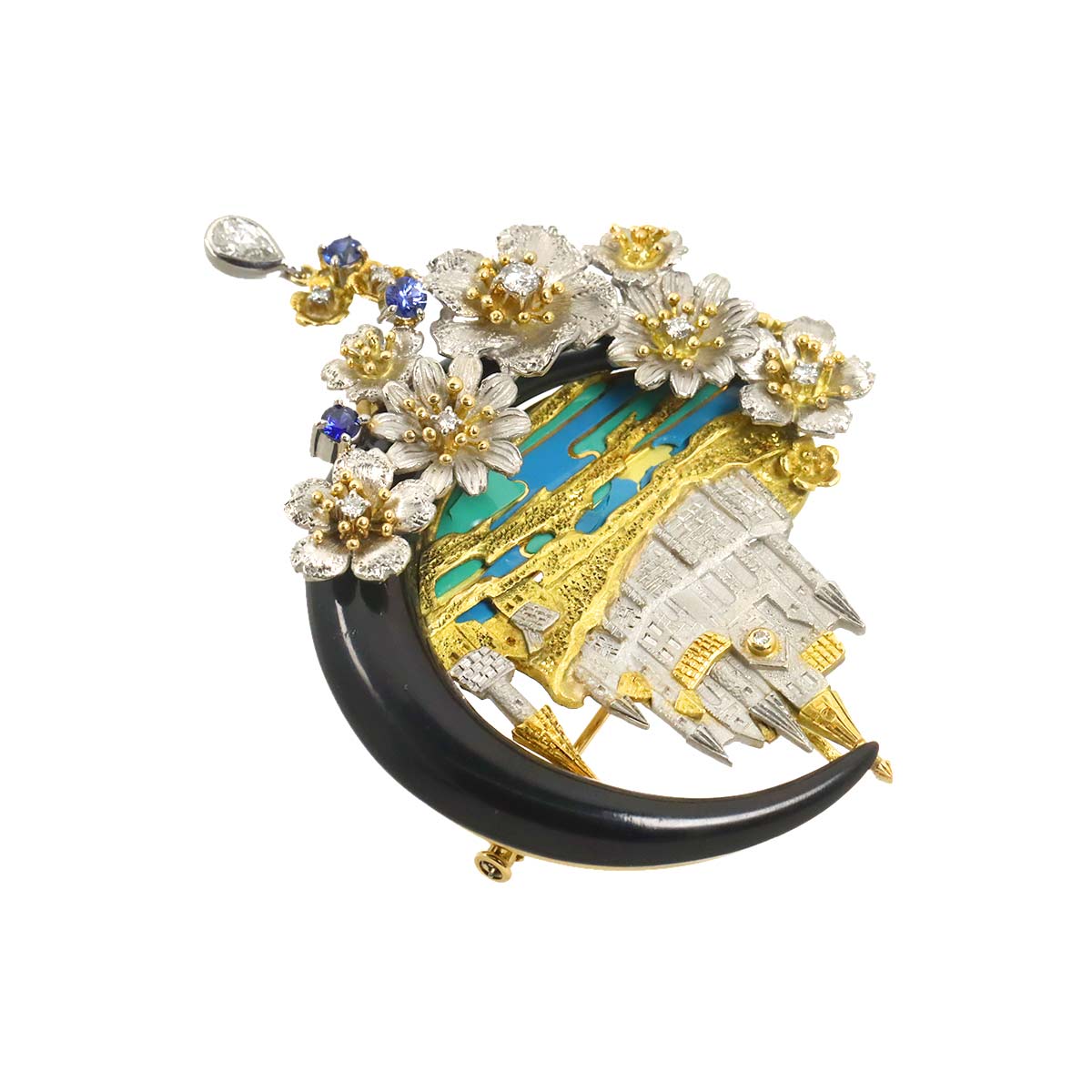 as Time Diamond Sapphire Onyx Brooch 18K YG 750 Pt