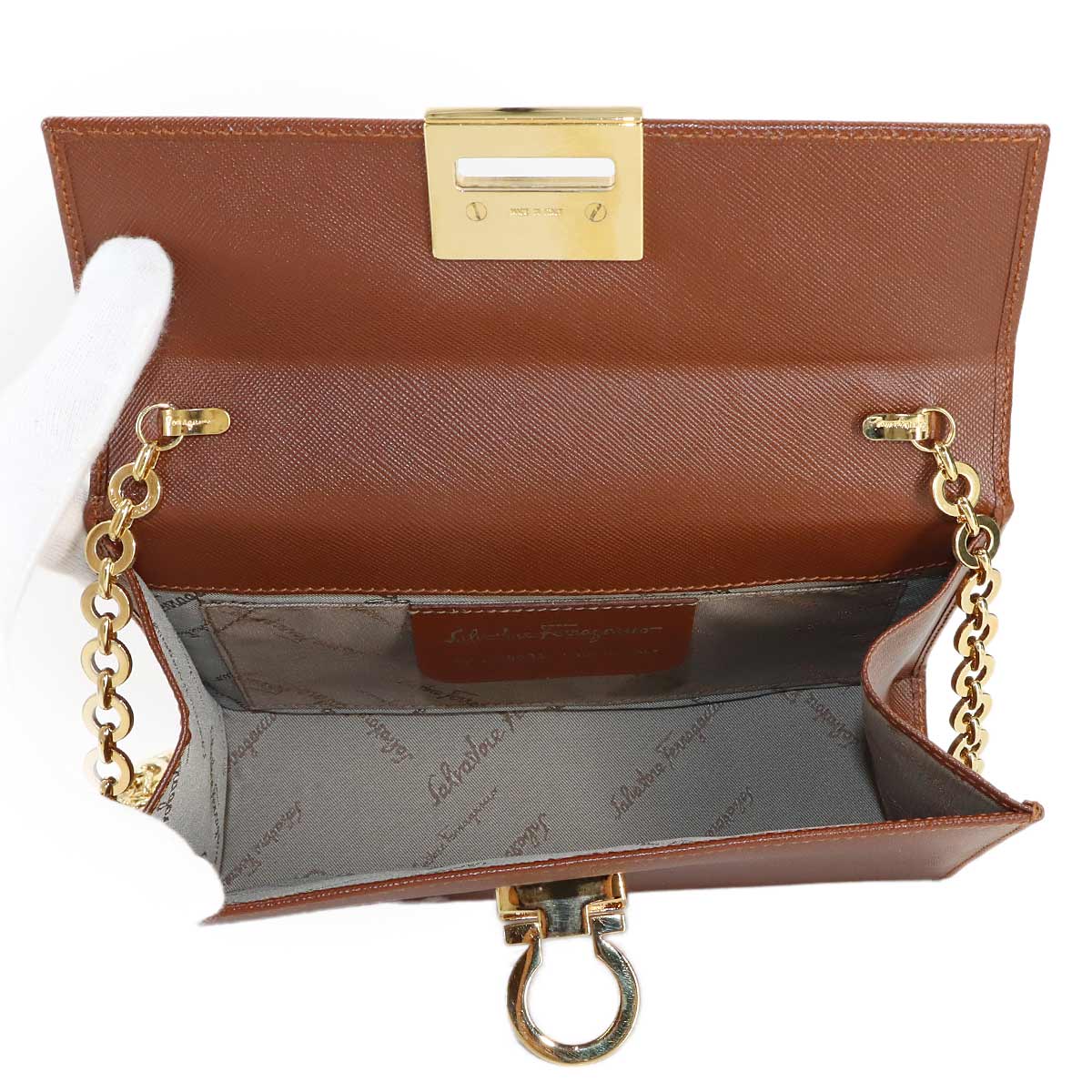 Gancini Chain Shoulder Bag Leather Brown
