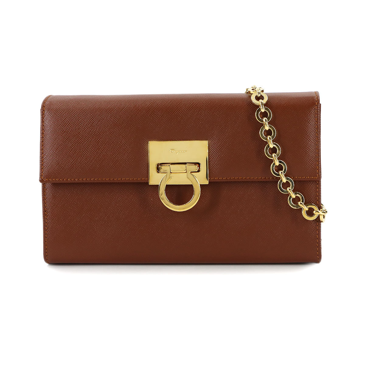 Gancini Chain Shoulder Bag Leather Brown