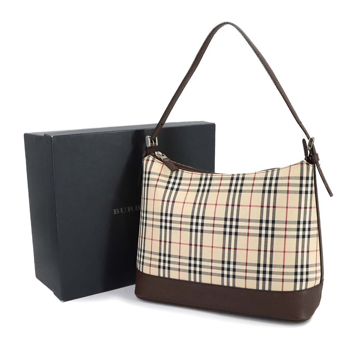 Shoulder Bag Canvas Leather Beige Brown Plaid Purse