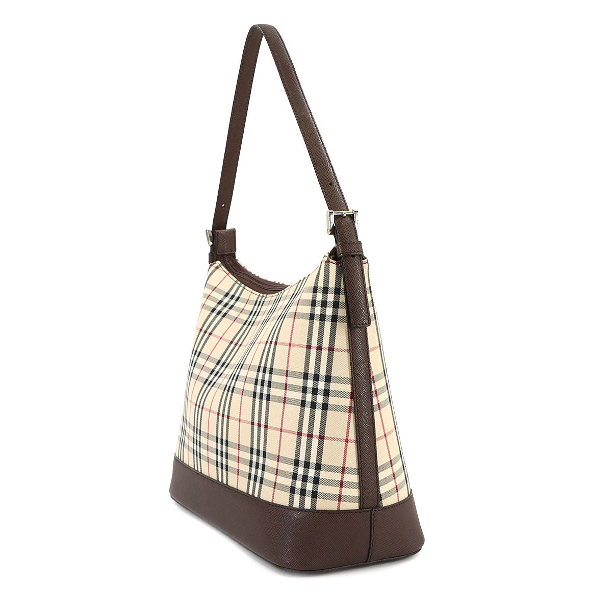 Shoulder Bag Canvas Leather Beige Brown Plaid Purse