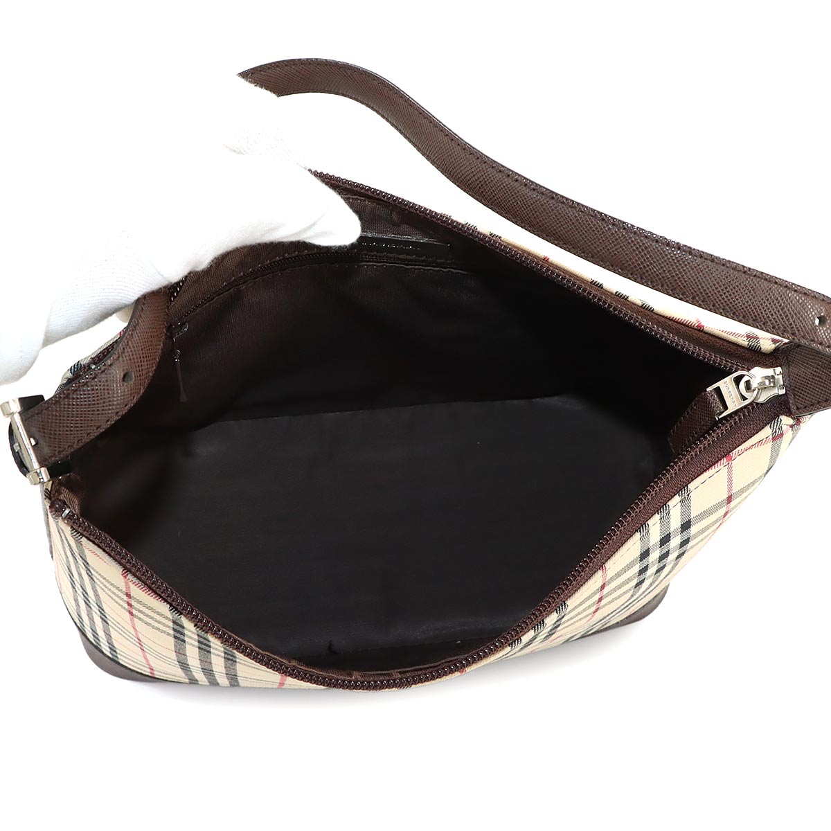 Shoulder Bag Canvas Leather Beige Brown Plaid Purse