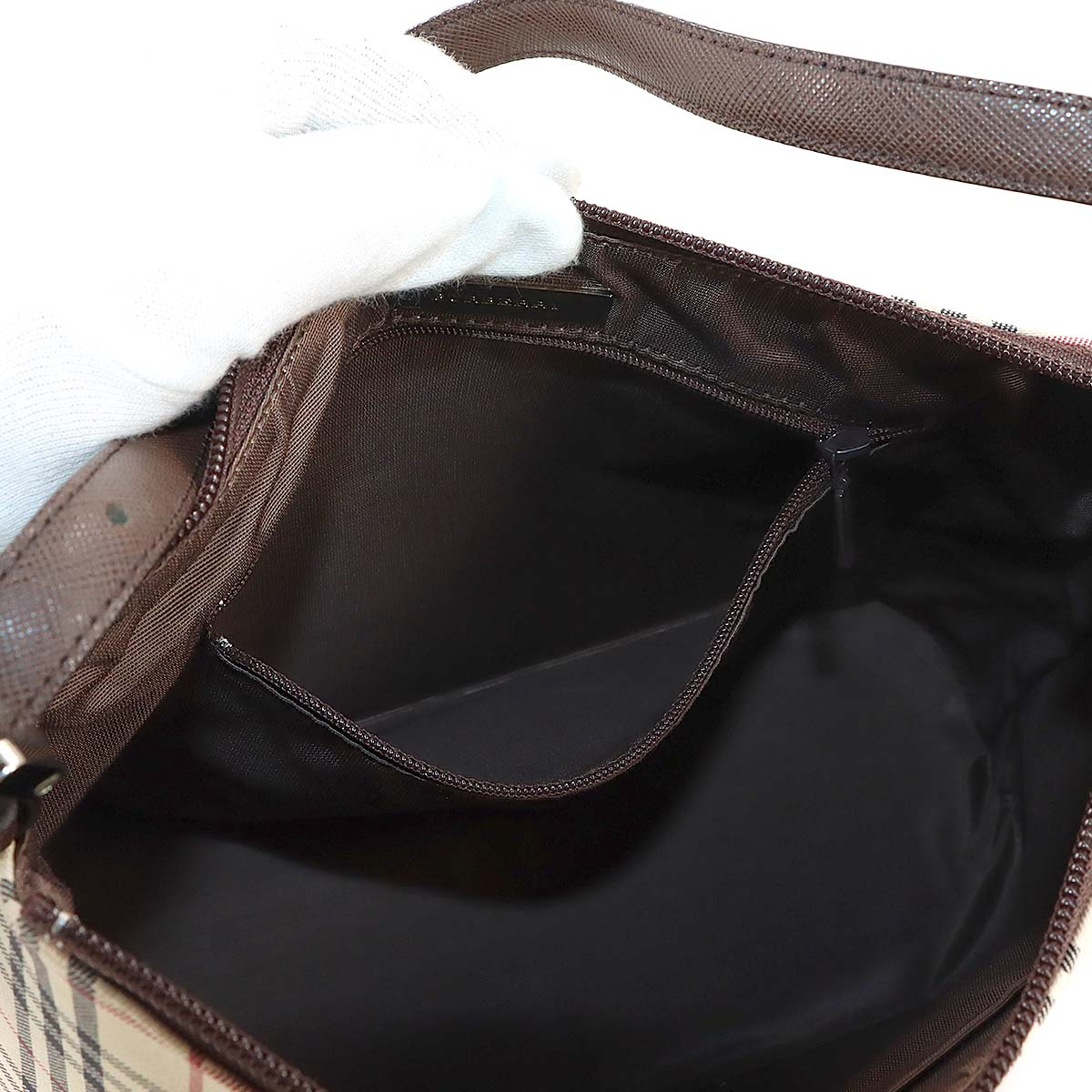 Shoulder Bag Canvas Leather Beige Brown Plaid Purse