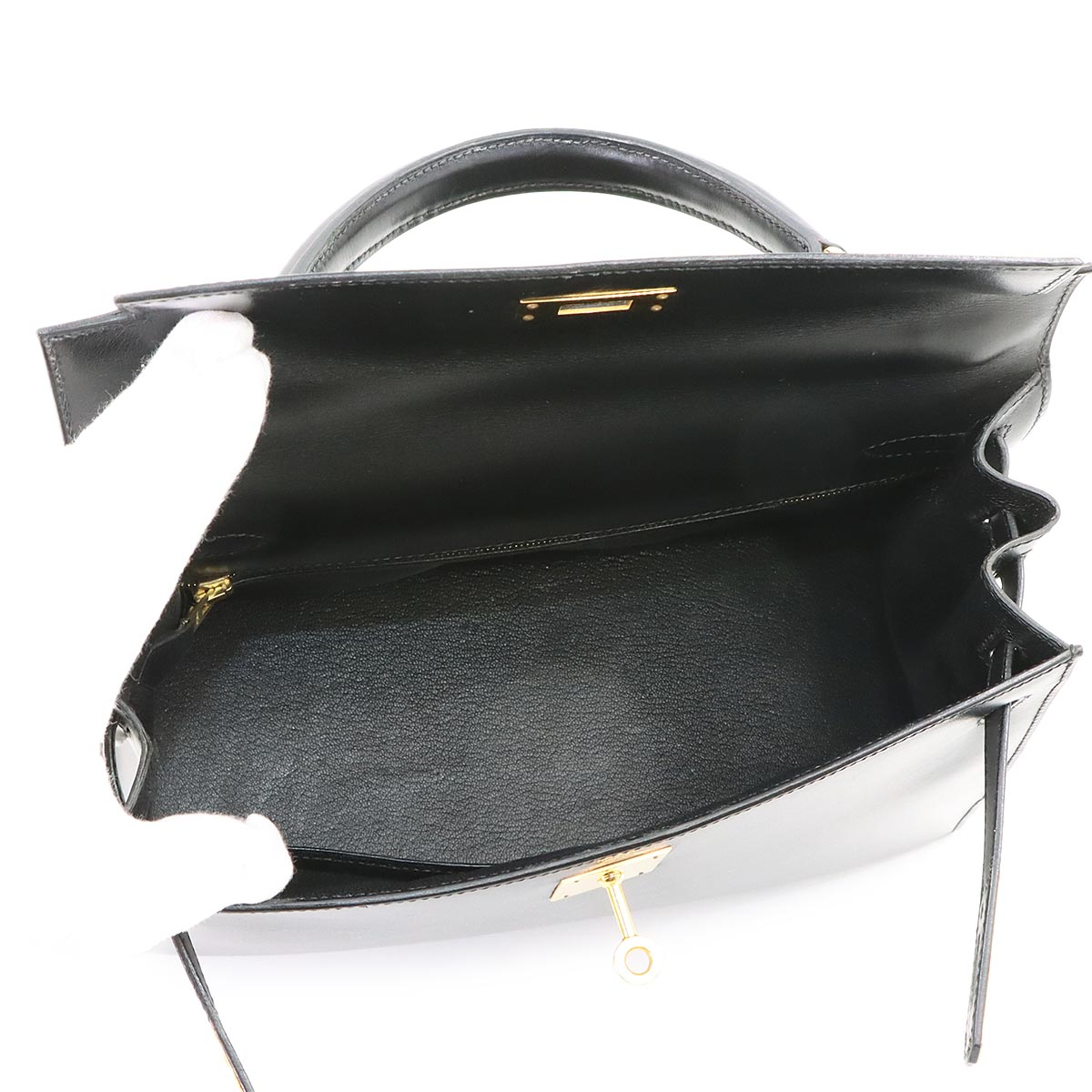 Kelly 28 Box Calf Black 2way Hand Shoulder Bag Purse