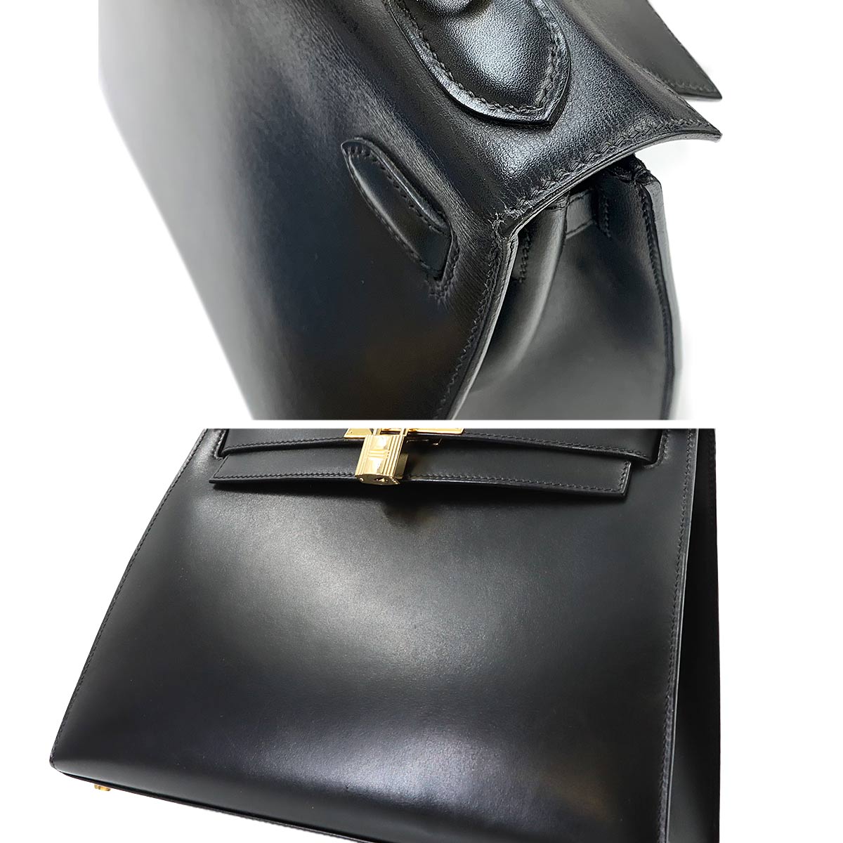 Kelly 28 Box Calf Black 2way Hand Shoulder Bag Purse