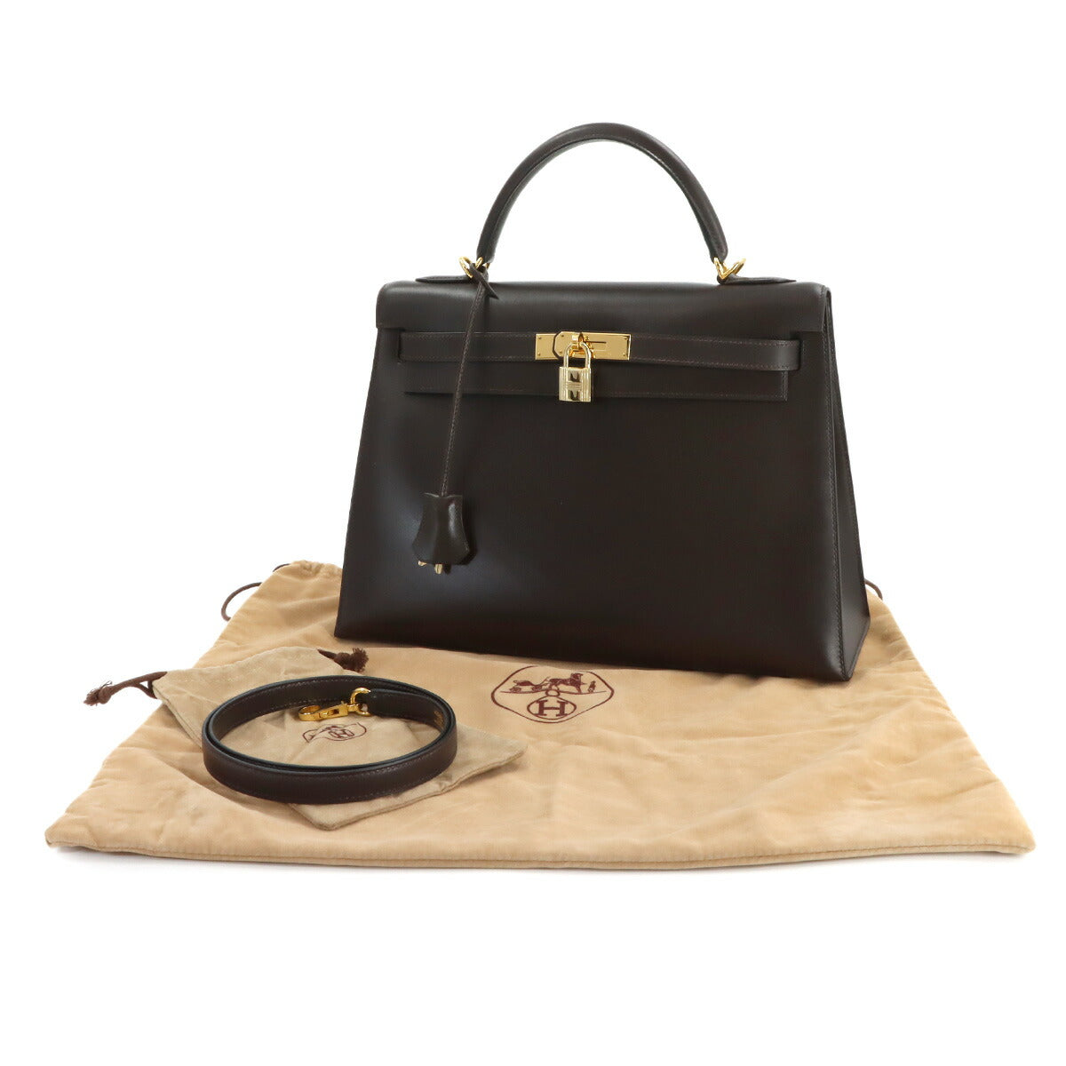 Kelly 32 Box calf Chocolat Hand Shoulder Bag Purse