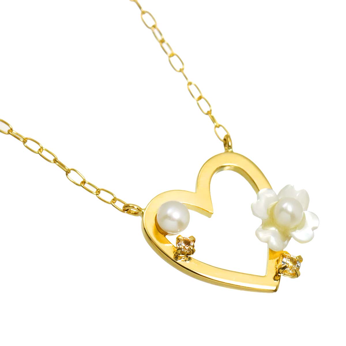 Baby Pearl 3.0-2.3mm Quartz Heart Necklace 18K YG 750