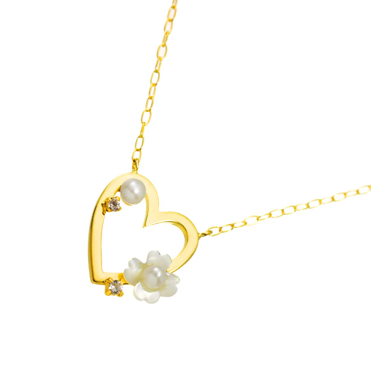 Baby Pearl 3.0-2.3mm Quartz Heart Necklace 18K YG 750