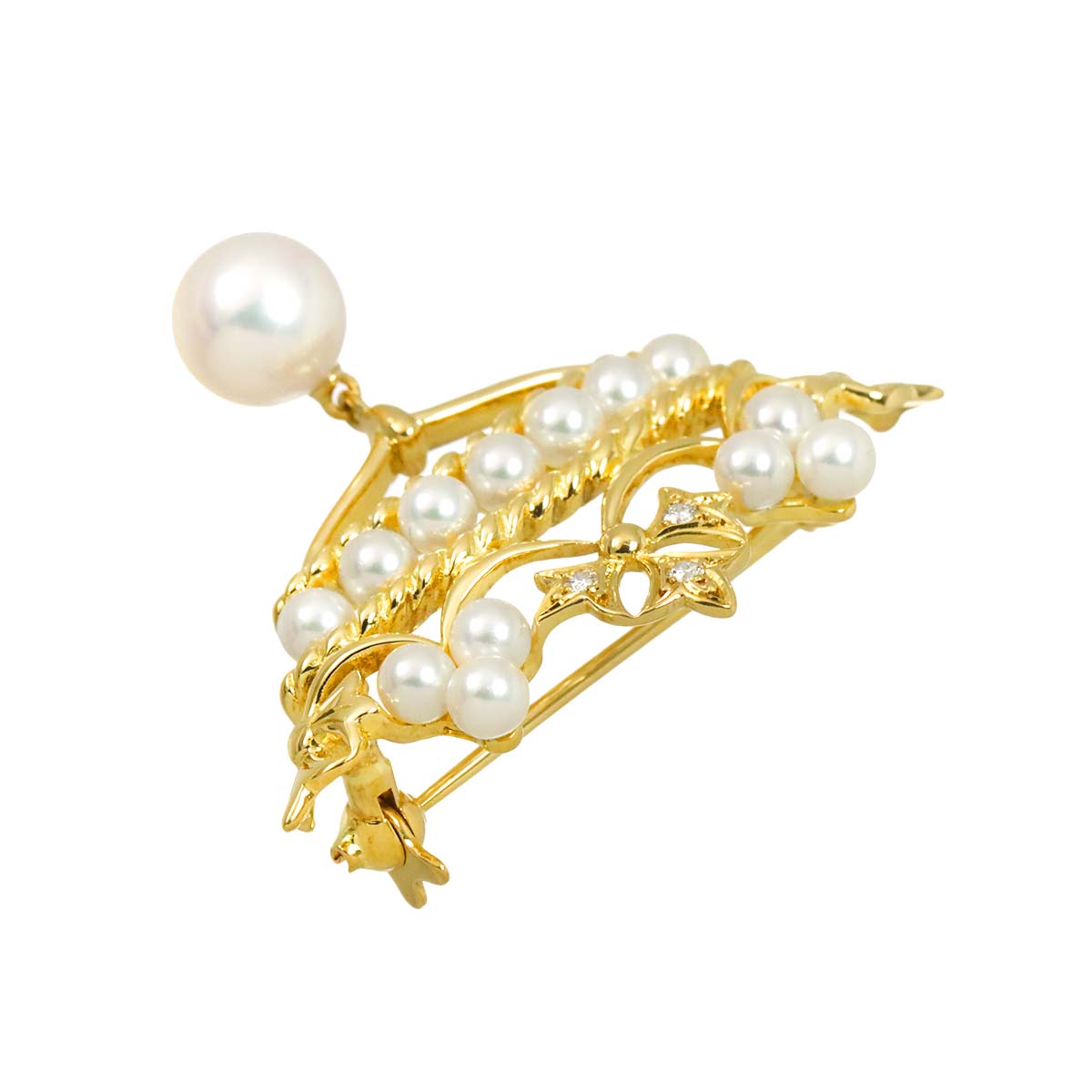 Akoya pearl 7.2-3.2mm Diamond Brooch 18K Yellow Gold 750