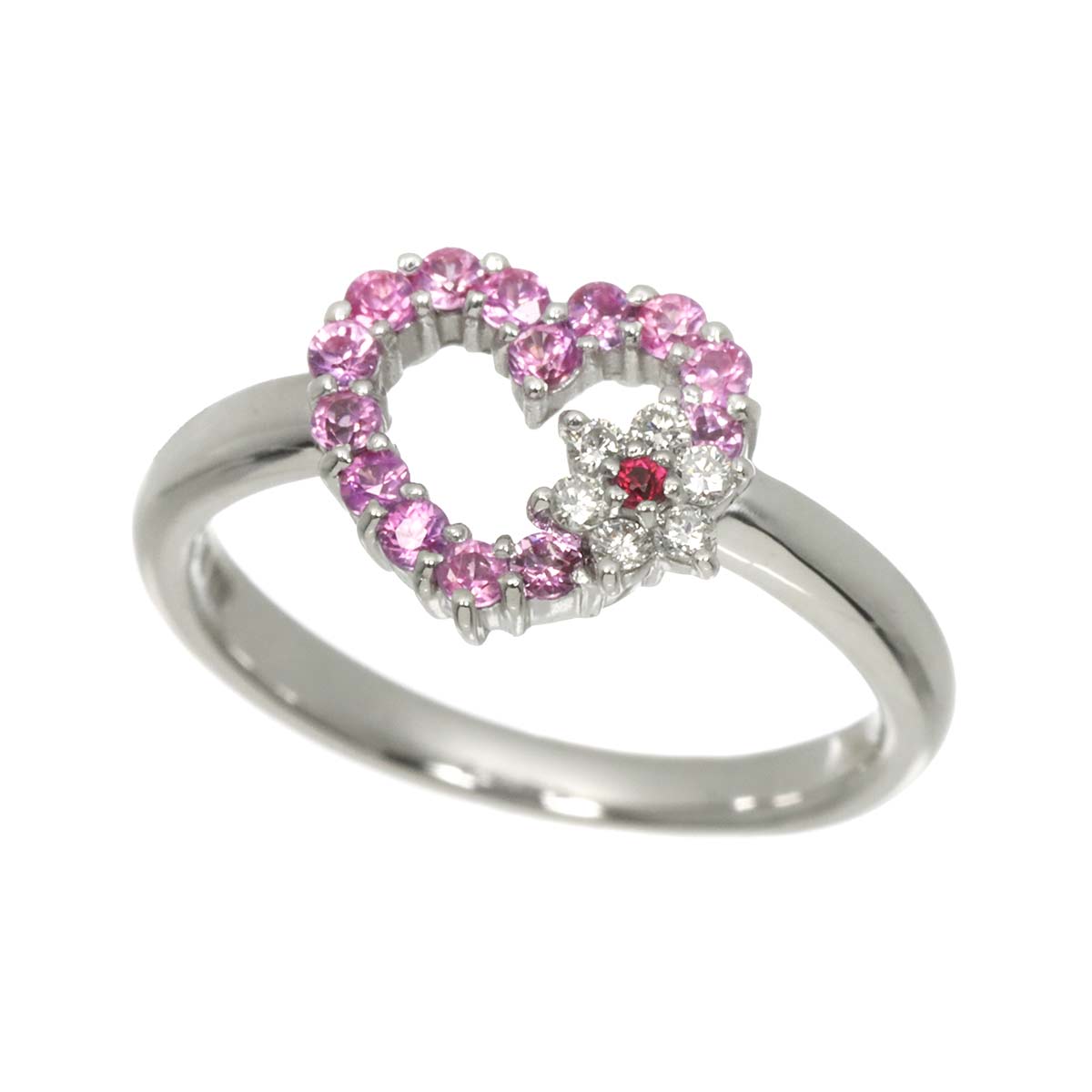 Sapphire 0.30ct Diamond 0.06ct Ruby Ring 18K WG 4.5(US)