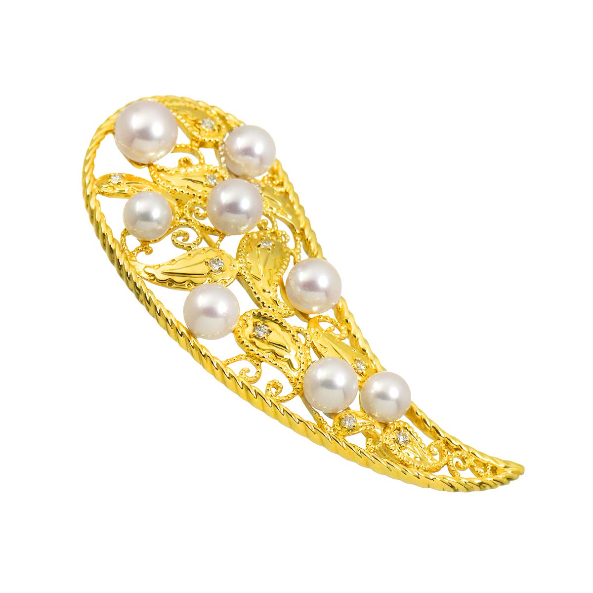 Akoya pearl 7.4-5.8mm Diamond Brooch 18K Yellow Gold 750