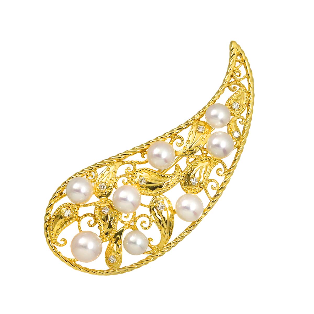 Akoya pearl 7.4-5.8mm Diamond Brooch 18K Yellow Gold 750