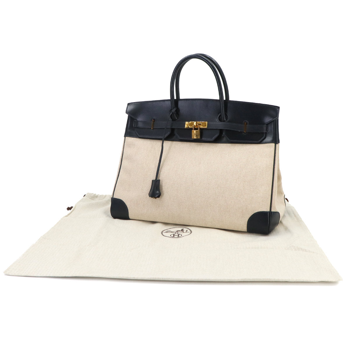 Birkin 40 Box Calf Toile H Bleu Marine Beige Hand Bag Vintage
