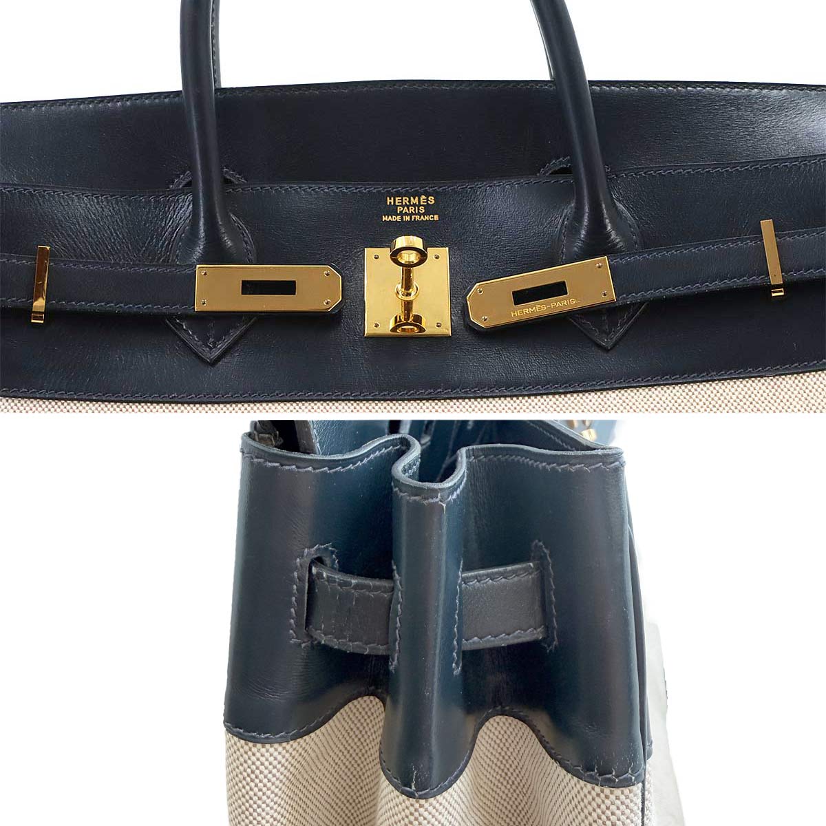 Birkin 40 Box Calf Toile H Bleu Marine Beige Hand Bag Vintage