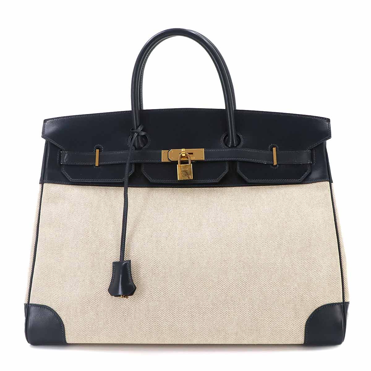 Birkin 40 Box Calf Toile H Bleu Marine Beige Hand Bag Vintage