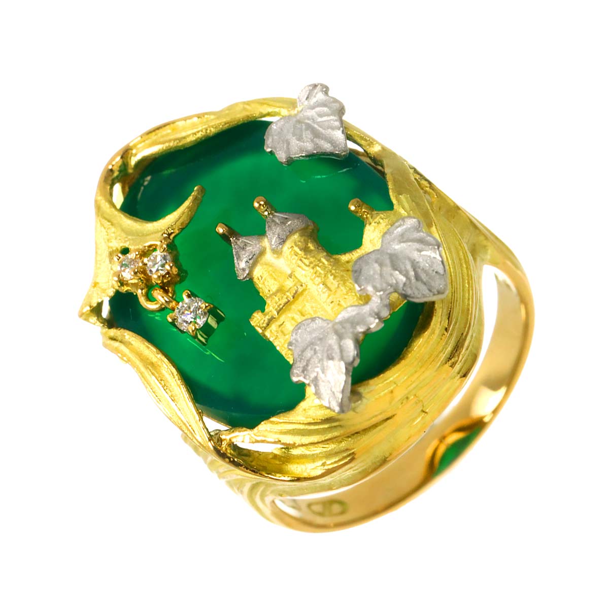 Chalcedony Diamond Ring 18K YG 750 Pt size6(US)